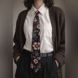 Adolfo 100% Silk Floral Necktie Navy Green Burgundy Classic 56.5” USA Made Vtg